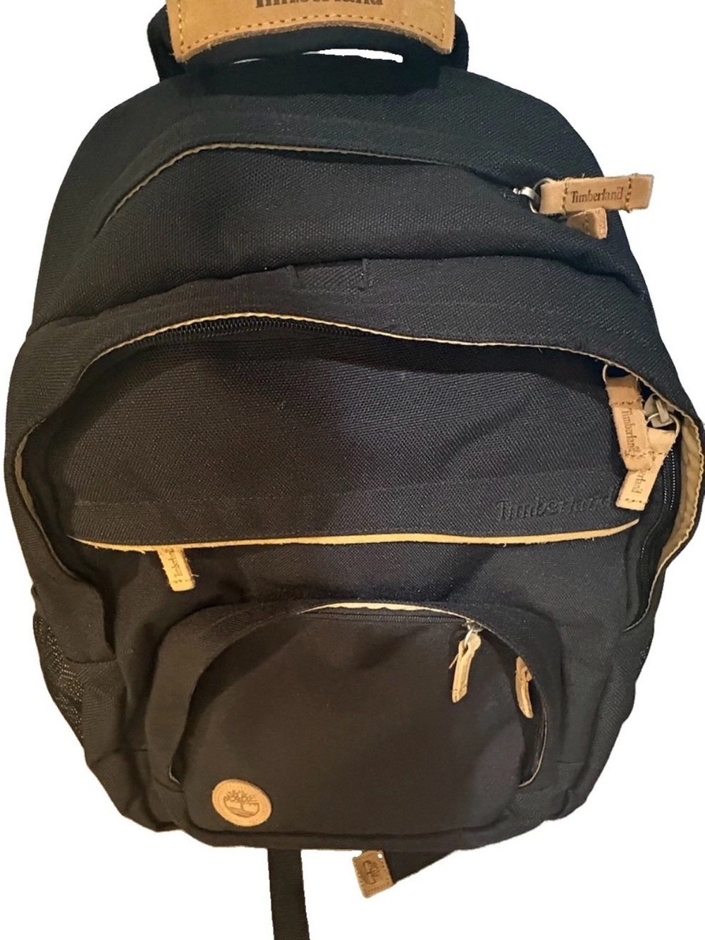 Timberland Black Backpack with Tan Accents and Leather Pulls
